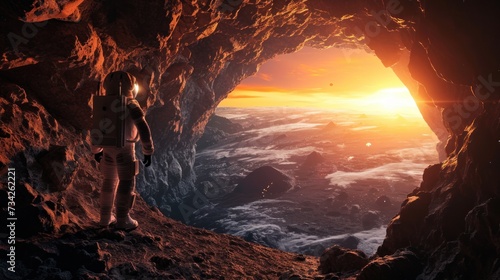 An lonely astronaut explore alien land landscape with giant planet and mountains. Fantasy wall paper.