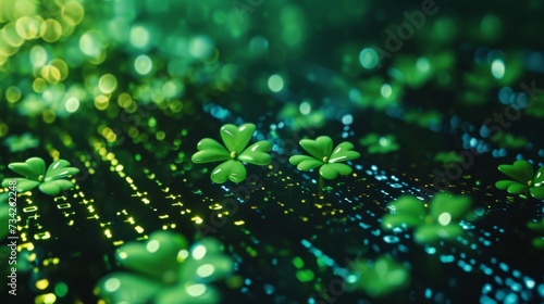 Vivid green shamrocks scattered across a dynamic binary code stream with a soft bokeh light effect