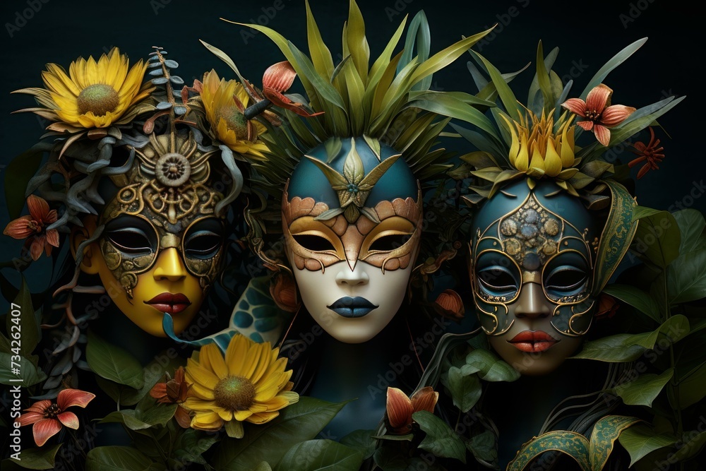 Captivating Painted mask plants. Old color face. Generate Ai
