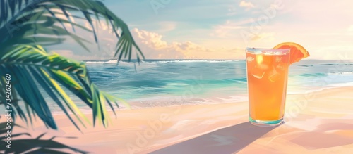 Fresh summer drink of cocktail on tropical beach background. Generated AI image