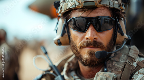 Determined soldier with tactical headset, ready for operation photo