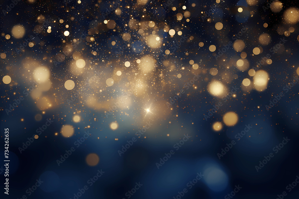 Golden abstract background with glittering gold dust particles and glittering lights and bokeh effect, blue background - obrazy, fototapety, plakaty 