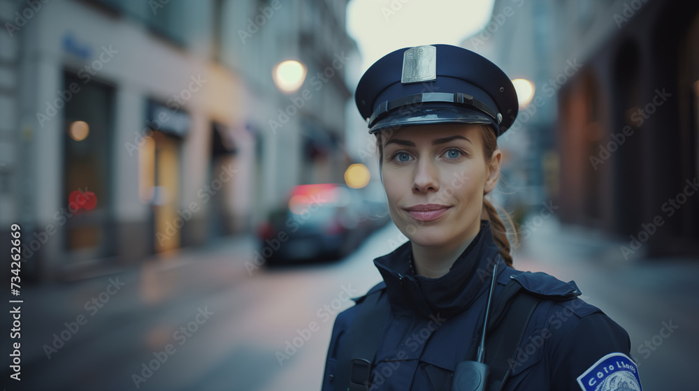 A beautiful policewoman looking at the camera on the street A beautiful policewoman looking at the camera on the street