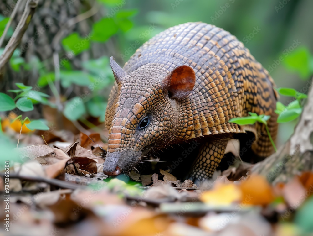 An armadillo rummaging through fallen leaves in the forest. An armadillo rummaging through fallen leaves in the forest.