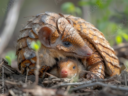 A mother pangolin shielding her baby with tender care.