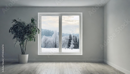 Mock up of empty room in white color with winter and summer landscape in window. Scandinavian interior design.