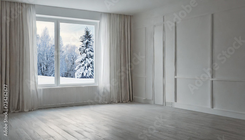 Mock up of empty room in white color with winter and summer landscape in window. Scandinavian interior design. © netsay