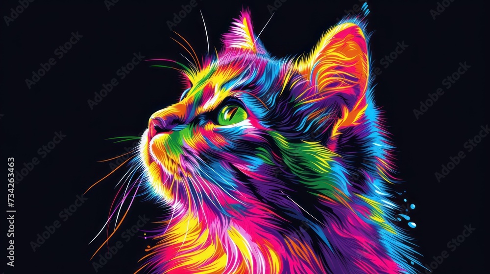  a close up of a cat's face with multicolored paint splattered on the cat's face.