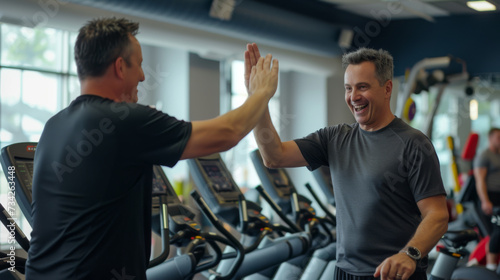 two middle-aged men in a gym, giving each other a high five, likely celebrating a fitness achievement or offering mutual support during a workout.