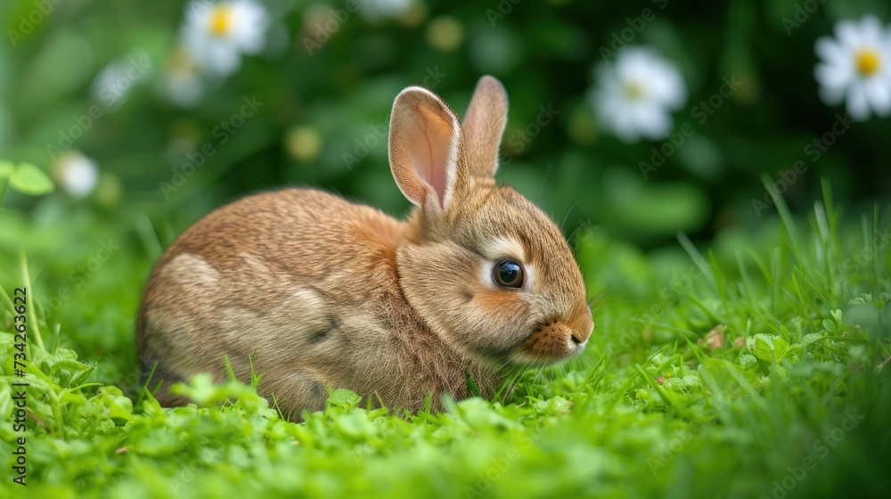 a small rabbit sitting in the grass with daisies in the backgroup of it's head. a small rabbit sitting in the grass with daisies in the backgroup of it's head.