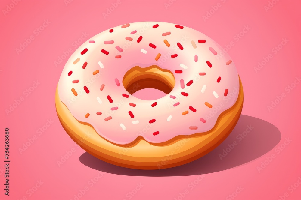 Donut With White Frosting and Sprinkles on a Pink Background Donut With White Frosting and Sprinkles on a Pink Background