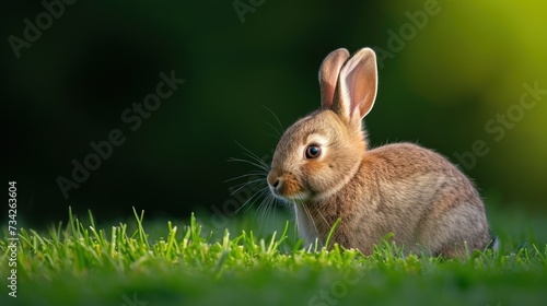  a brown rabbit sitting on top of a lush green grass covered field with a forest in the backgroud.