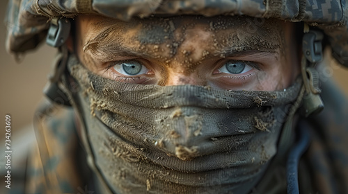 Intense eyes of a soldier, smeared with dirt, convey a story of survival and grit in the field.