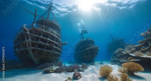 AI generated underwater scene with very shipwrecks