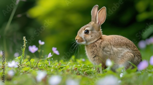  a rabbit is sitting in a field of green grass and wildflowers, with a blurry background of purple and white flowers.