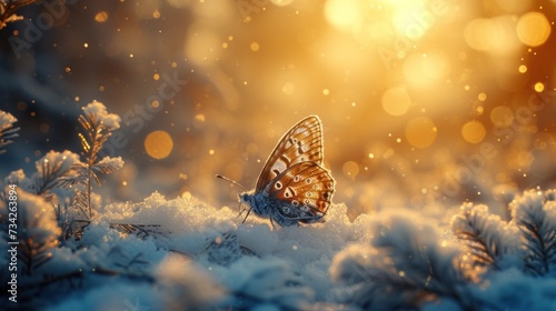  a butterfly sitting on top of a pile of snow next to a forest filled with lots of snow covered trees. © Olga