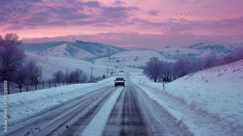  a car driving down a snow covered road in the middle of a rural area with a mountain range in the background.