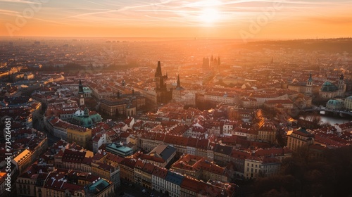 Aerial view of beautiful historical buildings of Prague city at sunrise in Czech Republic in Europe. © Joyce