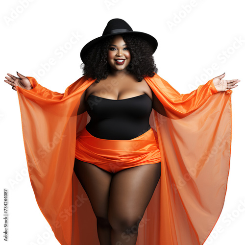 Black Woman Wearing Plus Size Costumes Isolated - Transparent Background, Stylish Women's Fashion, Elegant Plus Size Outfits, Trendy Costume Attire, Curvy Fashion, Inclusive Clothing, Full-Figure Cost