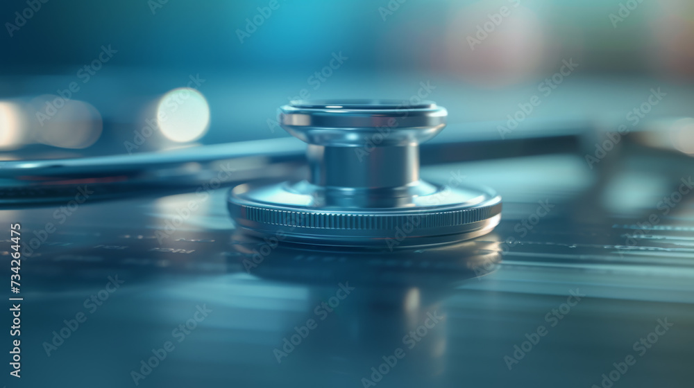 A close-up of a stethoscope with a highly reflective, metallic finish on a blue, blurred background, emphasizing the essential tool for medical diagnostics and patient care. A close-up of a stethoscope with a highly reflective, metallic finish on a blue, blurred background, emphasizing the essential tool for medical diagnostics and patient care.