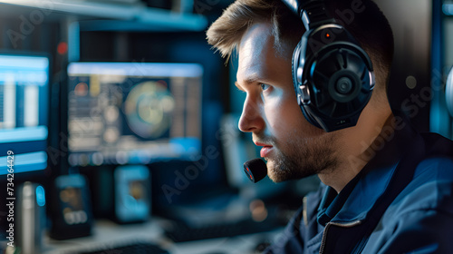 Tactical officer in command center, sharp focus on mission data, advanced communication headset in use.