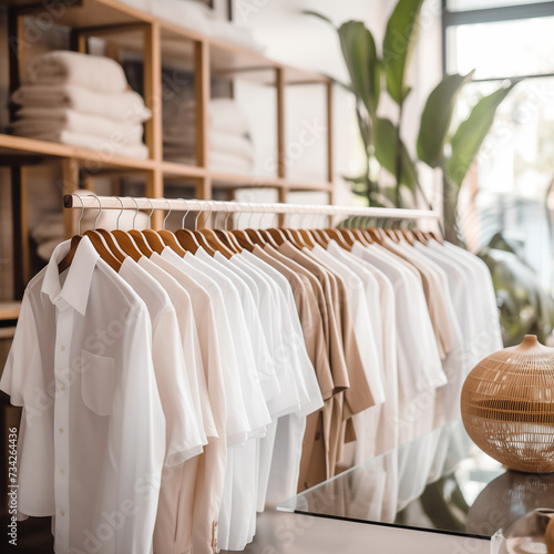 Elegant Boutique Display with White Shirts and Tropical Decor