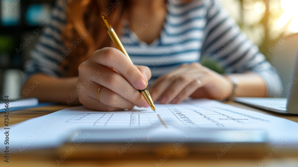 Business success essentials: Close-up of a professional woman's hand completing tasks on a checklist Business success essentials: Close-up of a professional woman's hand completing tasks on a checklist