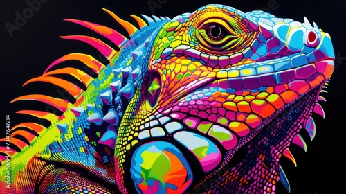  a close up of a colorful chamelon on a black background with the colors of the rainbow on it s face.