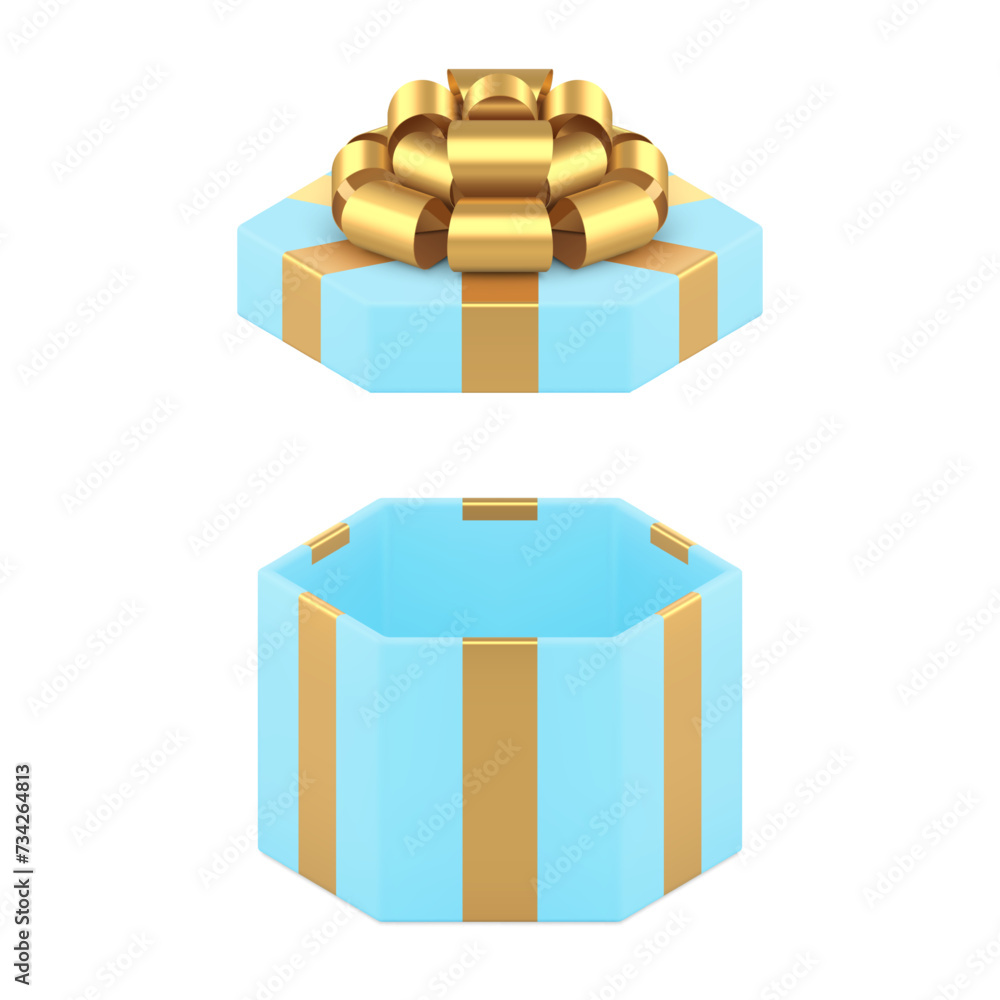 Blue empty gift box with open lid and golden luxury bow ribbon 3d icon realistic vector illustration Blue empty gift box with open lid and golden luxury bow ribbon 3d icon realistic vector illustration