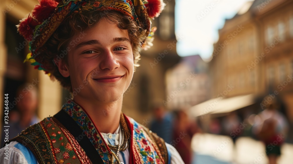 A handsome young man in traditional Czech clothing in street with historic buildings in the city of Prague, Czech Republic in Europe.