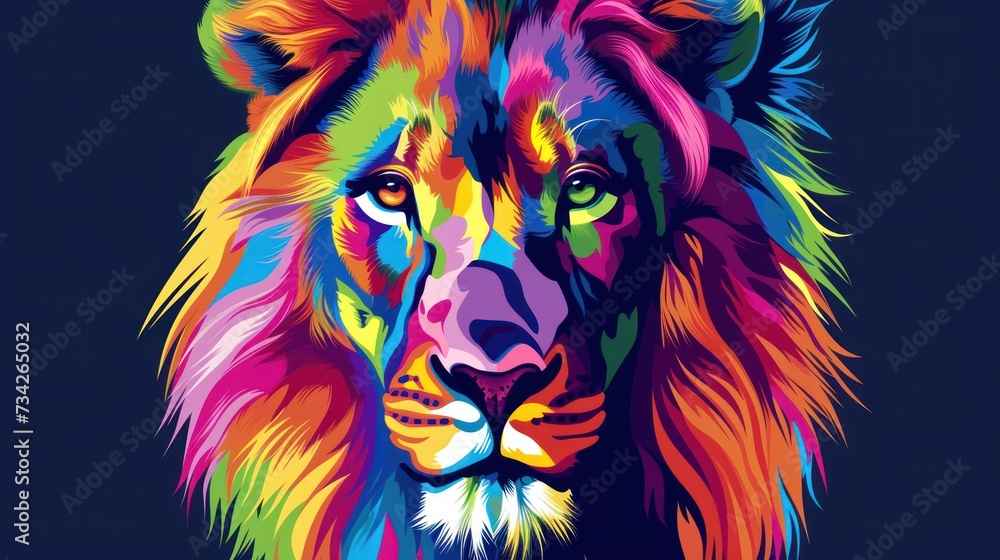  a close up of a colorful lion's face on a black background with the colors of the lion's mane.