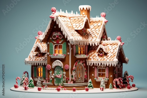Picturesque Gingerbread winter snow house at sunset. Fantasy New Year holiday. Generate Ai