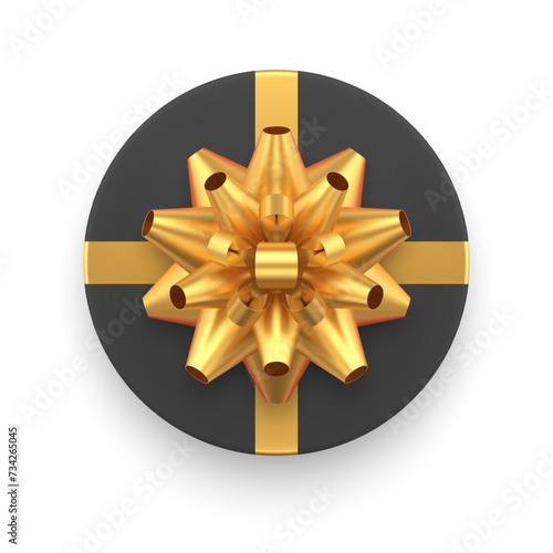 Black circle wrapped gift bow luxury golden bow male present top view 3d icon realistic vector