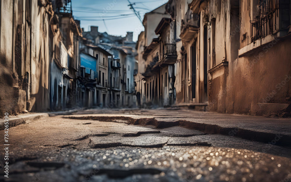 In a busy city street, there is a road with a long crack, depicting the effects of an earthquake. The background appears blurry