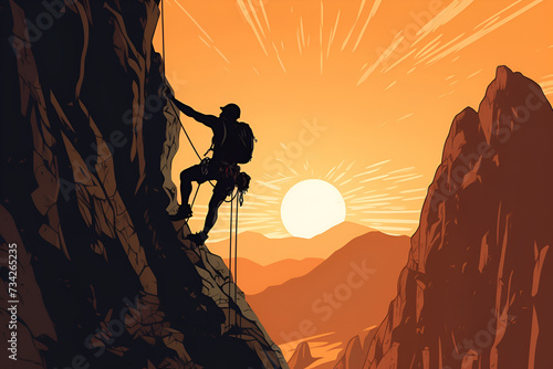 Silhouette of a hiker hanging from a cliff holding a rope, sunrise background with copy space