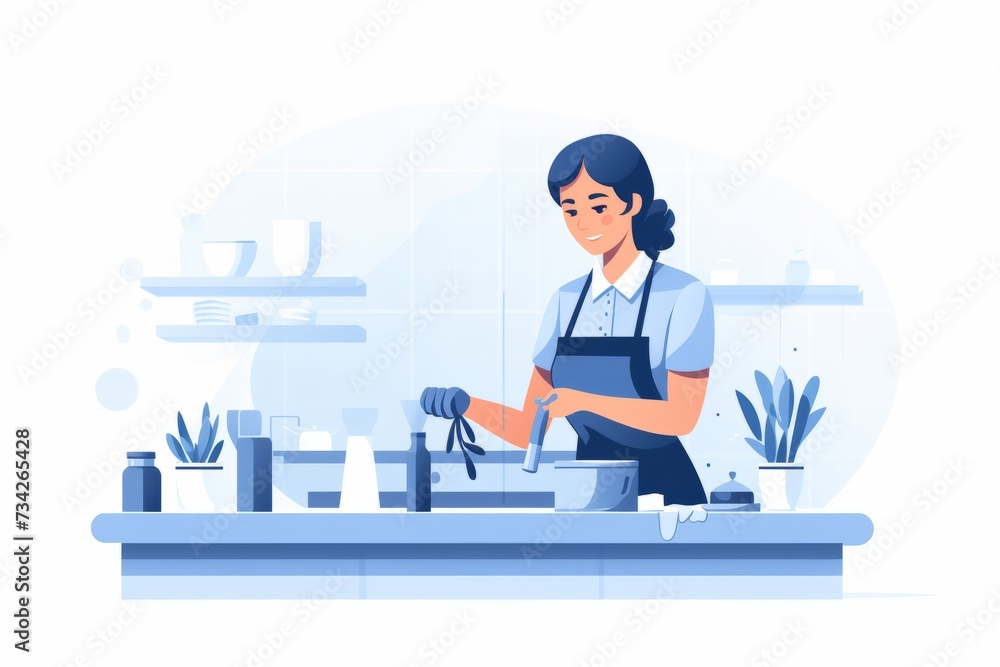 Woman in Apron Washing Dishes