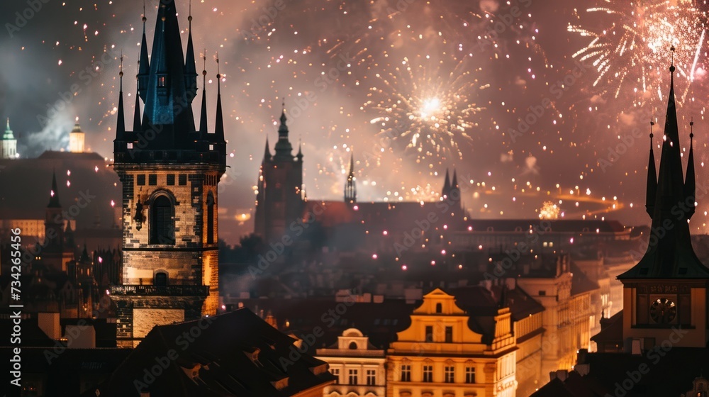 Fireworks show with beautiful historical buildings of Prague city in Czech Republic in Europe.