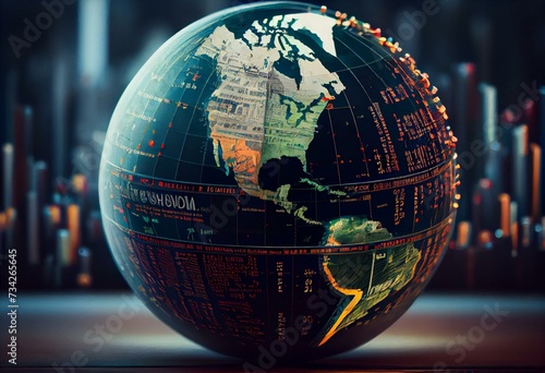 North American economies with stock market tickers on globe. Generative AI photo