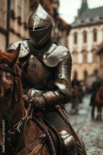 portrait of Medieval soldier on horseback in armor in Prague city in Czech Republic in Europe.