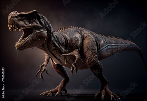 Allosaurus fragilis with attack or aggressive pose isolated on white background. Dinosaur realistic and scientific reconstitution. 3D rendering illustration. Generative AI