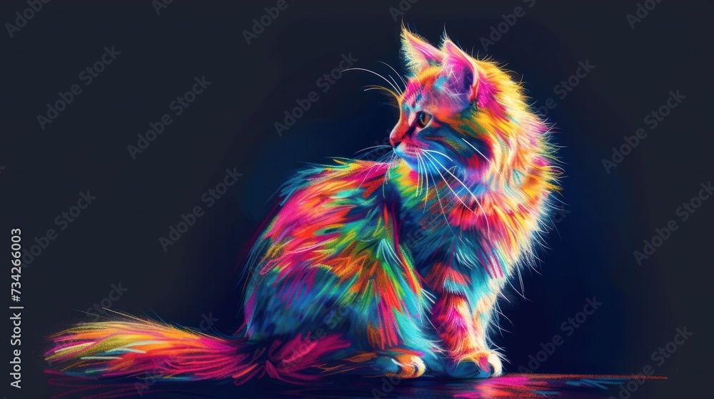  a multicolored cat sitting on the ground looking at something in the distance with a black background behind it.