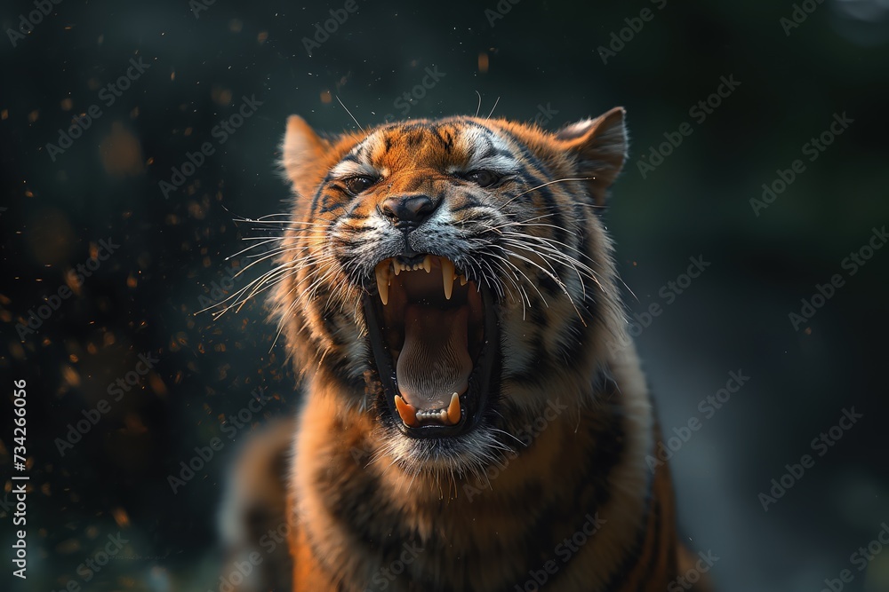 A close up photo capturing the intense expression of a tiger with its mouth wide open.