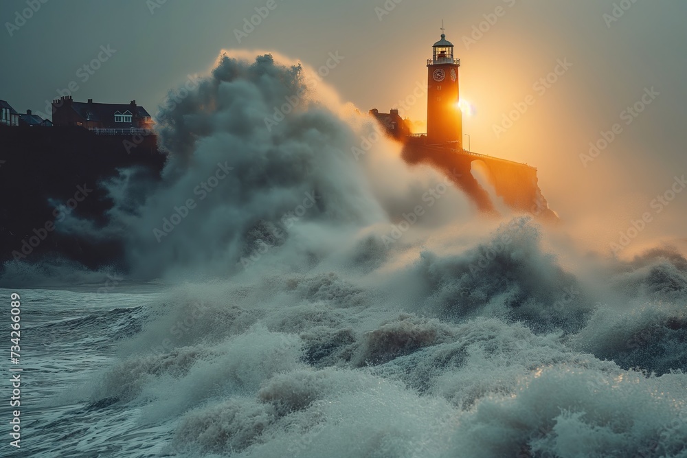 A powerful lighthouse stands tall as towering waves crash around it in Porthleven.