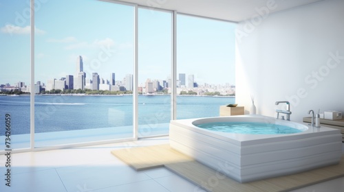 Elegant minimalist bathroom with jacuzzi, expansive windows, and sea views, concept quiet luxury, banner © Anzhela