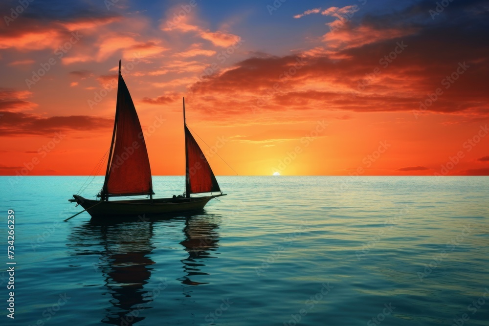 Romantic Pair boat sunset. Sea ship. Generate Ai