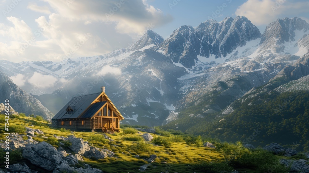  a house in the middle of a mountain with a view of a valley and snow capped mountains in the background.