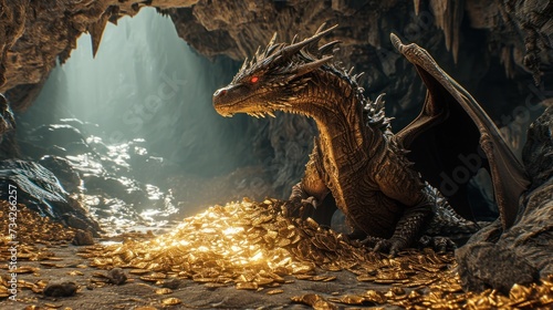 A giant dragon resting in cave full of treasure gold. © Joyce
