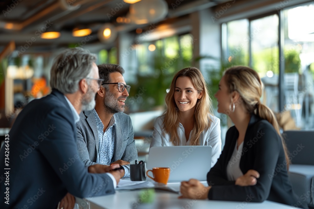 Four businesspeople actively engaged in a discussion while sitting around a table. Four businesspeople actively engaged in a discussion while sitting around a table.