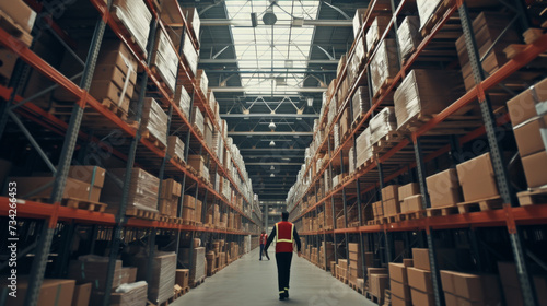 two workers in safety vests having a conversation in the aisle of a large warehouse filled with high shelving units stocked with boxes.