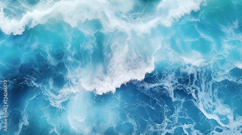 Spectacular aerial top view background photo of ocean sea water white wave splashing in the deep sea. Generated AI © natalystudio